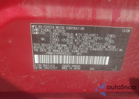 2009 Toyota Rav4 Limited V6 z USA, uszkodzony, nr VIN JTMBK31VX9D005324